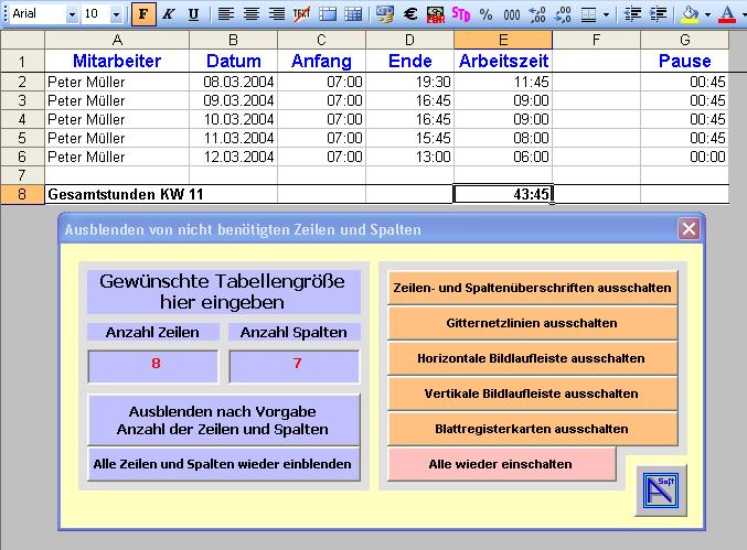Screenshot vom Programm: Ausblenden-Zeilen-Spalten-AddIn